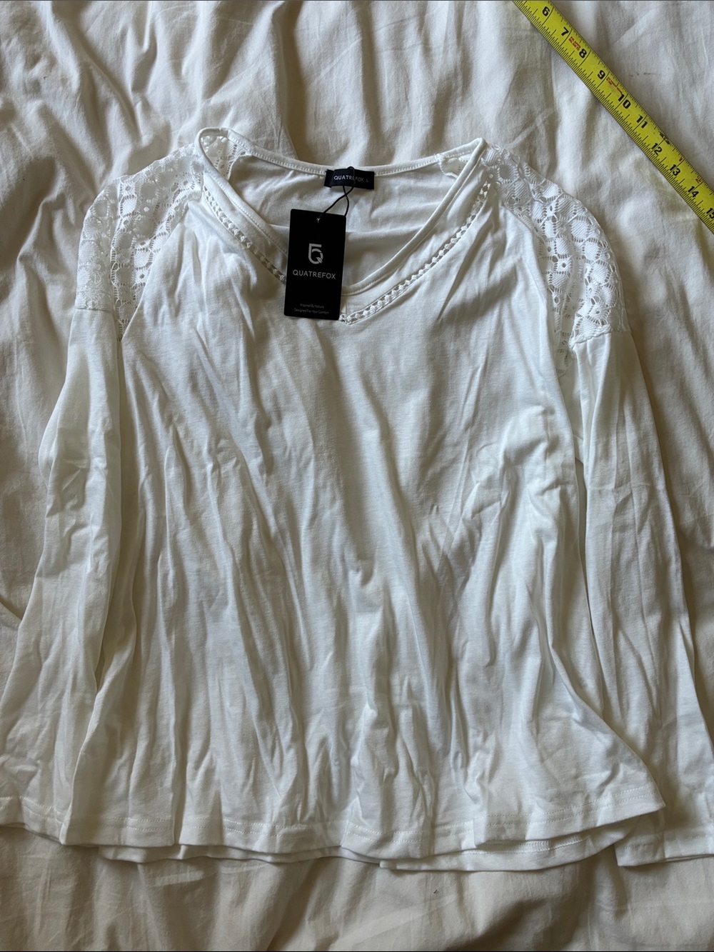 Amazon White Long Sleeve Top with Lace-Trim Shoulders
